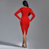 Long Sleeve Bow Split Evening Club Party Red Midi Dresses 