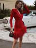 Long Sleeve V Neck Feather Red Mini Bandage Dress 