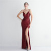 Women Backless Burgundy Sequin Strap Beading Party Maxi Dress 