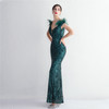 Women Feather Long Prom Deep V Neck Green Sequin Evening Dress 