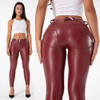 Mid Waist Scrunch Athletic Leggings Stretch Pu Leather Ankle Length Straight Cut Pants 