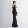 Deep V Neck Black Sequin Evening Dress 