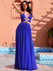  Blue Cut Out Cross Strap Shape A-Line Whit Split Summer Beach Chiffon Maxi Dress 