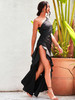 Black Off-Shoulder Cut-Out Split Ruffled Reflective Satin Party Maxi Dress 