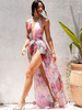 V-Neck Big Backless A-Line Split Pink Flower Print Chiffon Beach Maxi Dress 