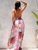 V-Neck Big Backless A-Line Split Pink Flower Print Chiffon Beach Maxi Dress 
