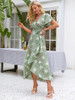 Elegant Wrap Dress Short Sleeves Green Printed Maxi Vestidos 