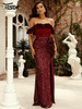 Strapless Ruffled Ruched Maxi Burgundy Sequin Formal Dress 