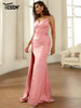  Satin Maxi Evening Party Gown with Ribbon Royal Pink Draped Long Dress
