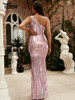  High Waist Slit Cut Out One Shoulder Maxi Pink Sequin Prom Dress 