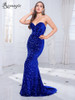 Backless Women Autumn Stretch Sequin Mermaid Floor Length Party Prom Gown 