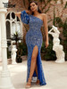 Maxi Blue Sequin Prom Dress High Waist Slit Fashion Evening Dress