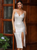 Silver Deep V Neck Wrap Chest Sequin Sleeveless Tunic A-Line Party Midi Dress 