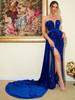 Blue Strapless Deep V-Neck Sleeveless Waist Slit Mop Sequins Dinner Dress 