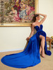 Blue Strapless Deep V-Neck Sleeveless Waist Slit Mop Sequins Dinner Dress 