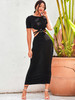  Black Round Neck Short Sleeves Open Back Metal Ring Thin Belt Bodycon Knitted Midi Dress 