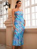  Blue Tube Top Sleeveless Fitted Fishtail Print Midi Dress 