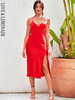 Casual Tube Top Deep V Neck Red Belly Open Back Split A-Line Party Midi Dress 