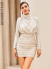 Nude Stand Collar Sequin Pleated Long Sleeve Party Mini Dress 