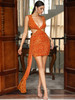 Orange Deep V-Neck Hollow Out Ribbon Sleeveless Sequins Party Mini Dress 
