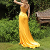 Yellow Beaded Embellished Satin Spaghetti Strap Side Slit Prom Dress 