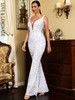 White Deep V-Neck Sleeveless Tunic Sequins Fishtail Party Dress 