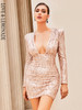  Gold Deep V Neck Geometric Stretch Sequined Shoulder Padded Long Sleeve Party Mini Dress 