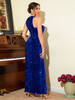 Blue Crew Neck Sleeveless Sequin Belted Backless Slashed Party Dress 