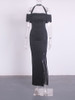 Left Split Off Shoulder Stretch Black Maxi Dress 