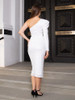 One Shoulder Puff Long Sleeve Ruched White Sequin Midi Dress .
