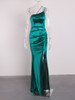 One Shoulder Sleeveless Satin Maxi Dress Stretchy Bodycon Ruched Hollow Out Side Slit Long Gown