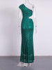 Hole Out One Shoulder Green Sequined Maxi Dress Stretch Evening Party Formal Gown