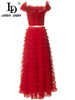 Red Top + Cascading Ruffle Mesh Long Skirts 2 Pieces Set