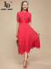 Short sleeve Lace Single-breasted High waist Red Pleated Midi Dress