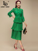 3/4 sleeves Lace Patchwork Single-breasted Ruffles Pleated green Midi Dress