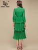 3/4 sleeves Lace Patchwork Single-breasted Ruffles Pleated green Midi Dress