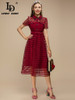 Turn-down Collar High waist Hollow out Fashion Red Midi Dress