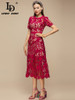 O-neck Short sleeve Hollow out Embroidery Red Vintage Party Midi Dress