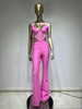  V Neck Hollow Out Pink Bodycon Bandage Jumpsuit 