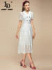 Short sleeve Hollow out Belted Embroidery white Elegant Party Midi Dresses