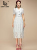 Short sleeve Hollow out Belted Embroidery white Elegant Party Midi Dresses