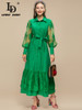 Mesh Lantern sleeve Floral embroidery green Vintage Party Long Dresses