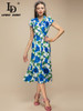 Elegant Blue Floral print Short sleeve Slim Midi Party Vacation Dress