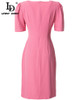 V-neck Short sleeve Flower Applique Slim Pink Knee Dress