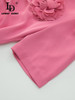 V-neck Short sleeve Flower Applique Slim Pink Knee Dress