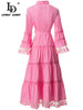 Stand collar Mesh Flare Sleeve Belted Hollow out Pink Party Midi Dress