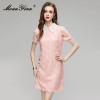 Lace Lapel Pocket Button Hollow Out Embroidery Loose Mini Dress