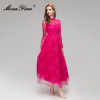  Stand Collar Lace Hollow Out Embroidery High Waist Mesh Long Dress