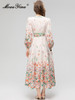  V-Neck Long Sleeve Frenulum Gathered Waist Floral Print Slim Long Dress
