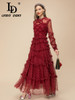  Women's Wine red Dot Plaid Cascading Ruffle Splice Irregularity Dress